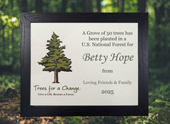 Framed certificate with a tree illustration and text about planting trees in a U.S.