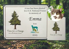 Memorial plaque for a tree planted in a U.S. National Forest in memory of Emma the cat, with a pet's face inset.